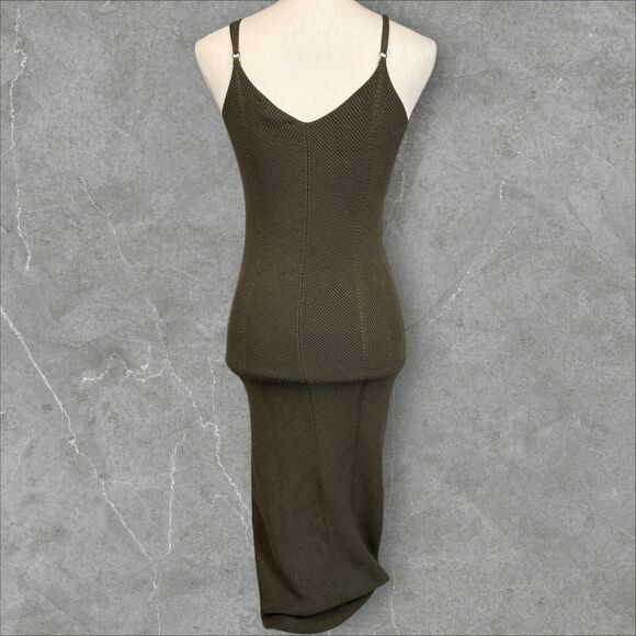 Freshman Maxi Olive Green Long Sweater Knit Sleeveless Bodycon Dress - Small - Picture 2 of 7
